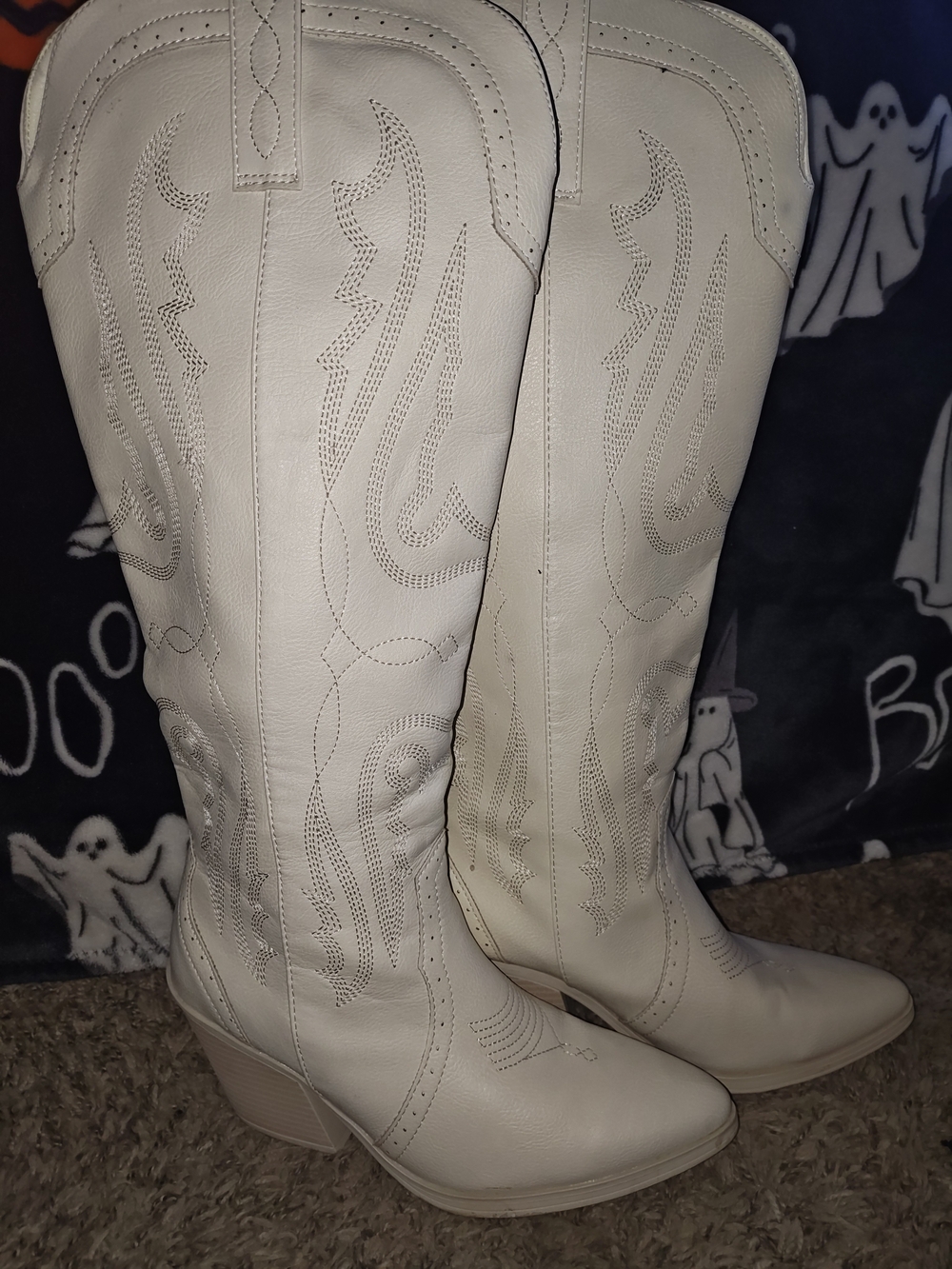 Women's White Western Stitch-Detail Knee-High Boots